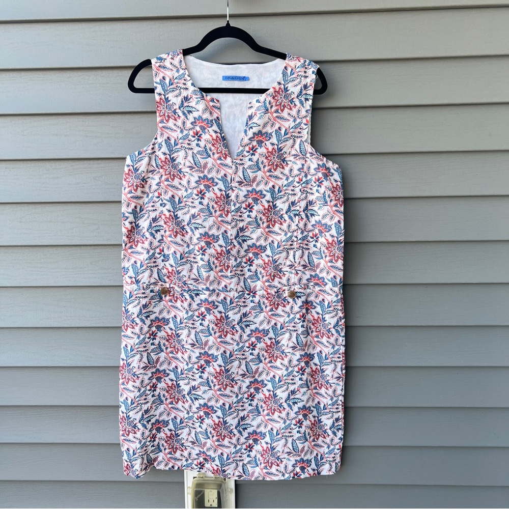 J.Mclaughlin Rue Linen Dress Floral Multicolor Size L Relaxed Fit Patch Pockets